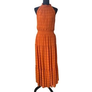Halter Maxi Dress Size 10 Orange Smocked Tiered Boho Festival Cottagecore Casual